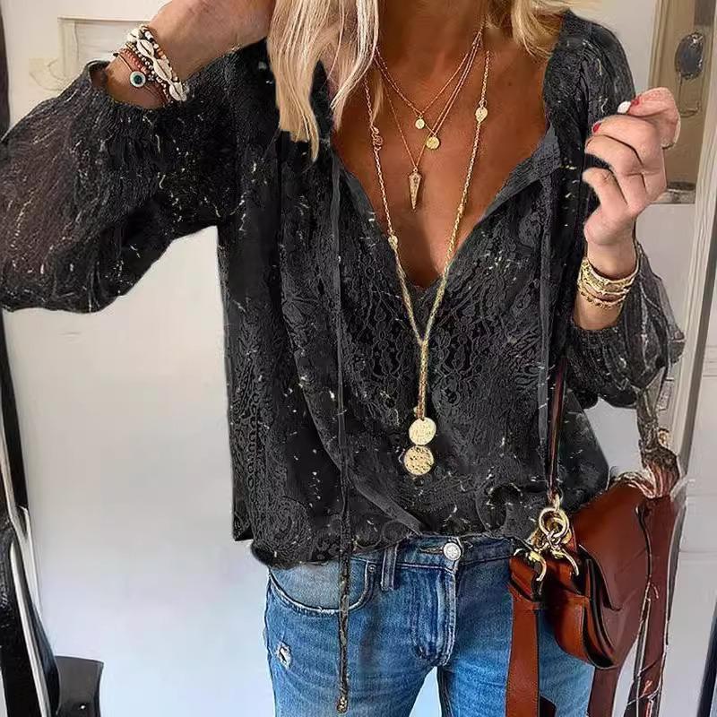 Loose Fit V Neck Long Sleeve Pullover Solid Color Commuter Shirt