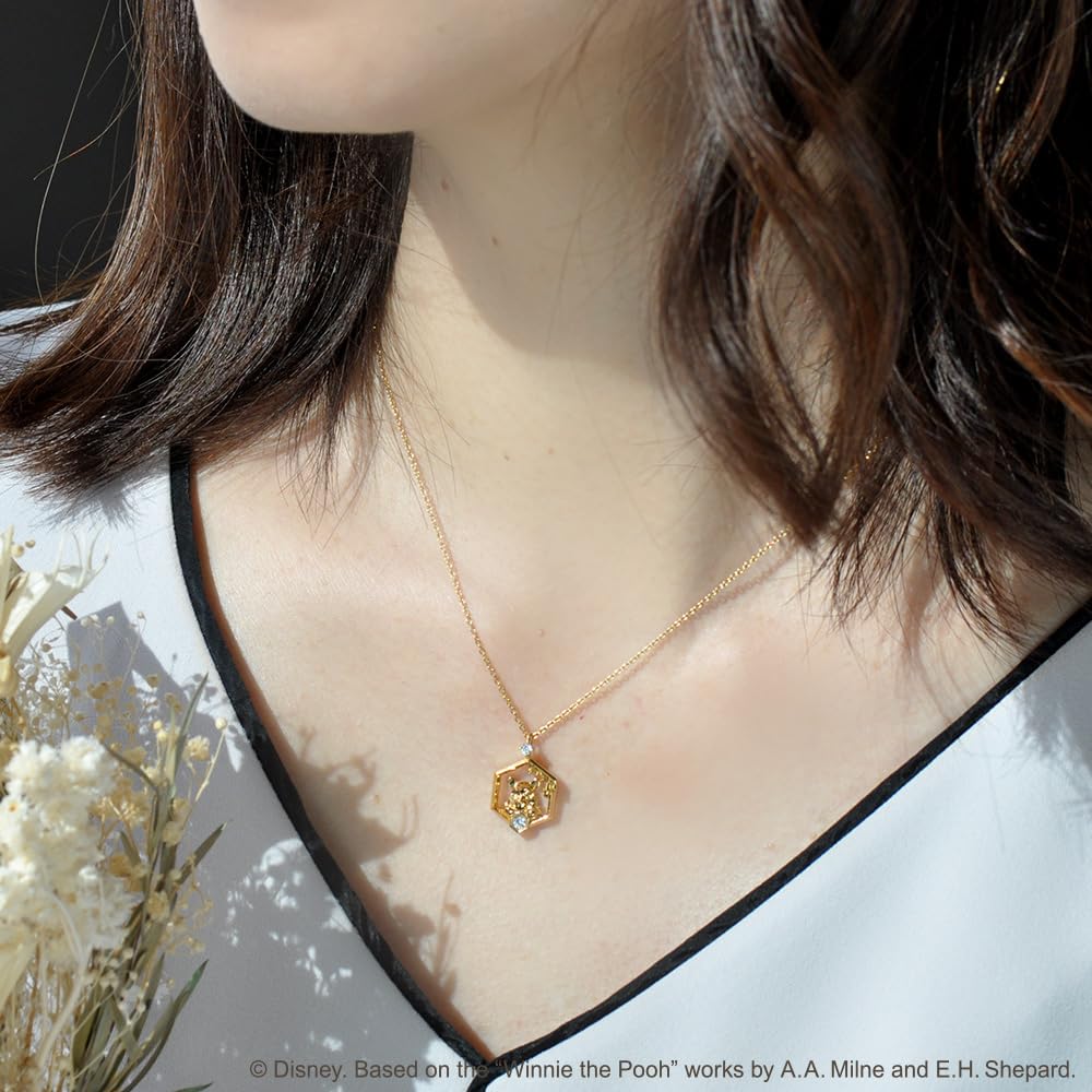 Disney Winnie the Pooh Pendant Silver with Yellow Gold Cubic Jewelry Special VPCDS20316 Necklace, Plating, Zirconia, Honey, Gift, Case,