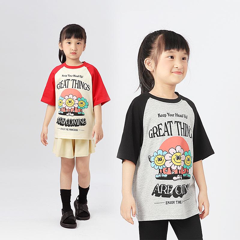 Korean Style Girls' Color Block Raglan Tee - Breathable Summer Short Sleeve Top