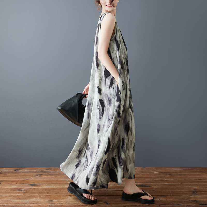 Women's New Fashionable Loose Chiffon Printed Dress Long Skirt
