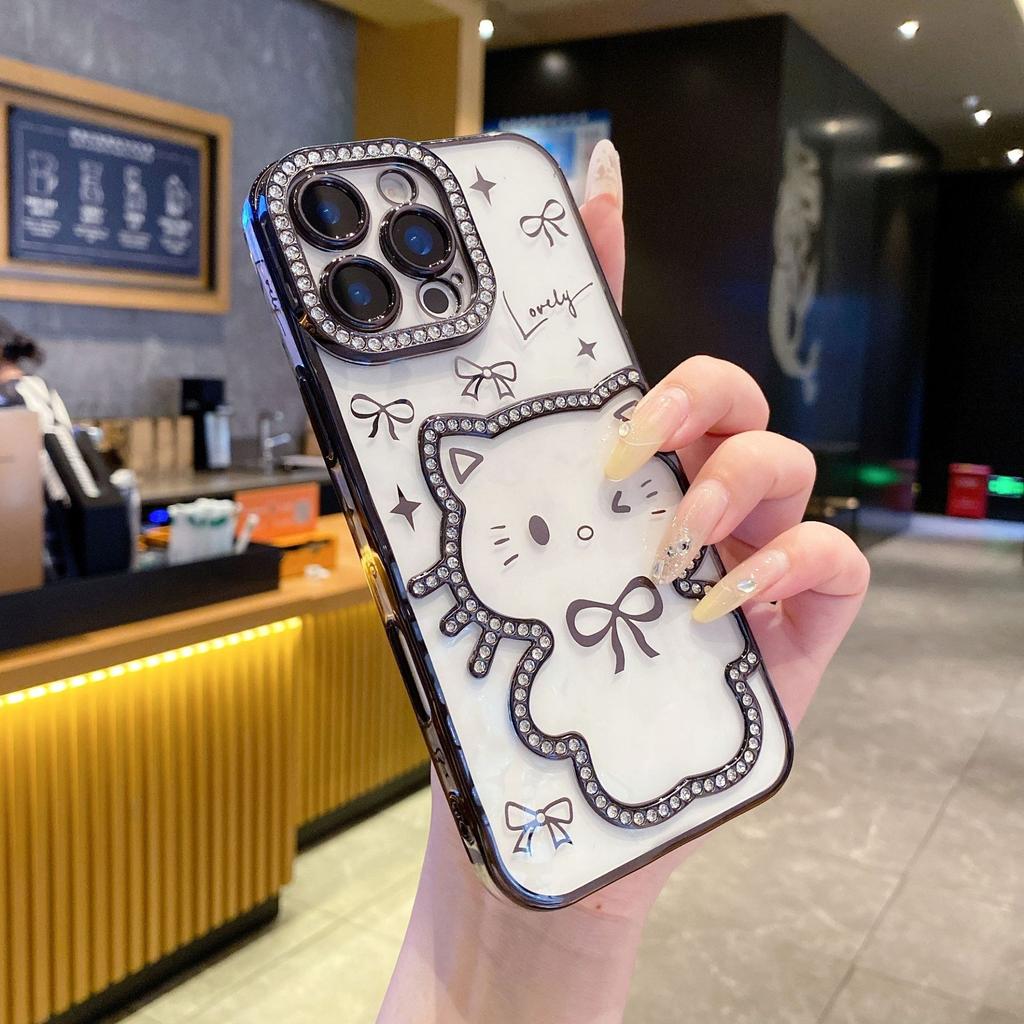 Electroplating Three-dimensional Point Drill Cute Cat iPhone16Promax Mobile Phone Case for Apple 15 Bow 14/13
