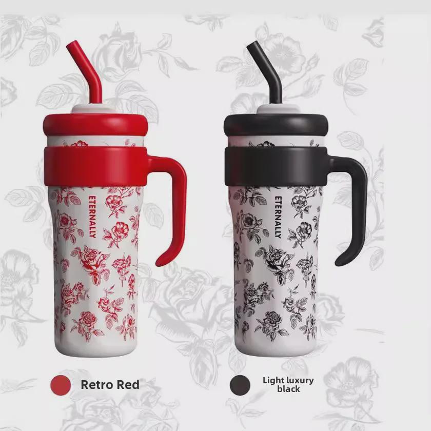 Women's Large-Capacity Stainless Steel Thermos with Handle and Straw