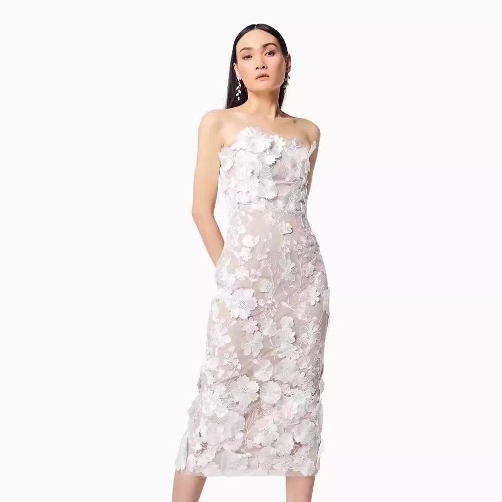 Spring clothing European and American sexy sleeveless color three-dimensional flower embroidery slim-fit hip tube top dress medium and long dress
