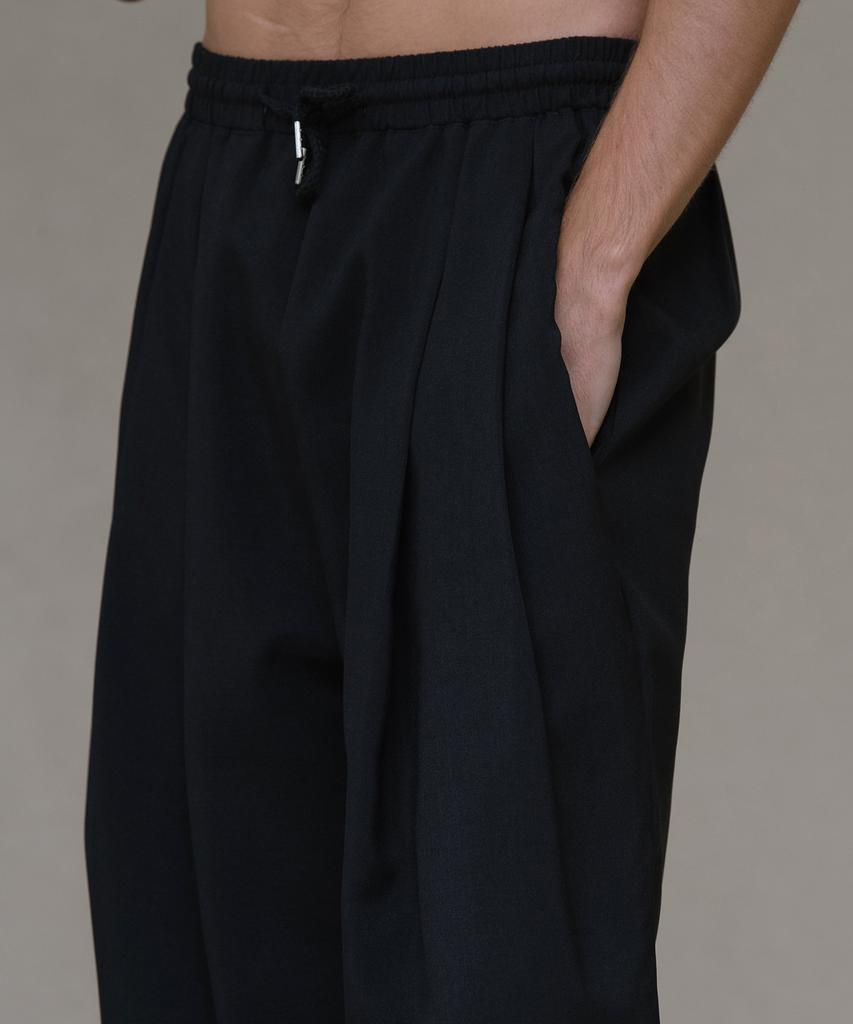 Dekkoloso Cool Linen-Like Double-Pleated Wrinkle-Free Wide Elastic Pants [Black]