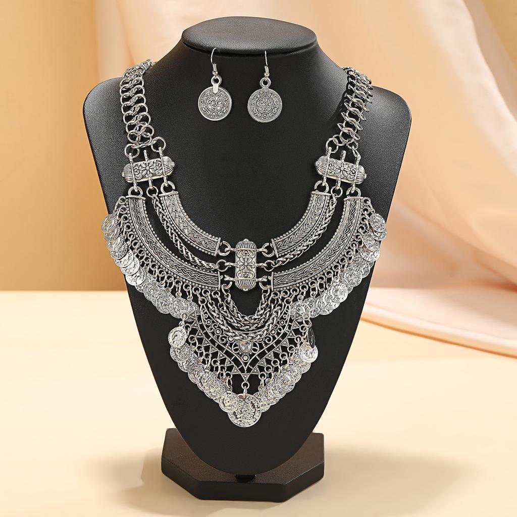 New retro thick chain fashion crescent fringe carved multi-layer pendant collarbone chain earrings