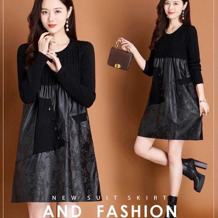 Autumn Winter Women's Sweater Dress Knitted Patchwork PU Leather A-Line Dress Plus Size Knitted Dress