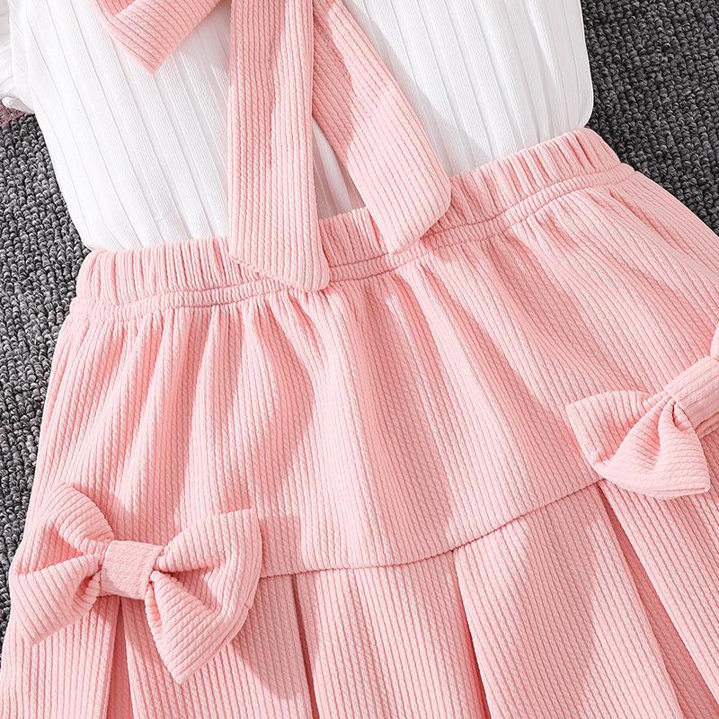 Girls' Fashion Set - Summer Children's Casual Large Bowknot Short-Sleeved Top and Half-Dress Set