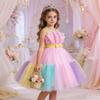 Girls Colorful Patchwork Princess Dress Sleeveless Color Block Bow Tie Dress Runway Piano Performance Party Dress