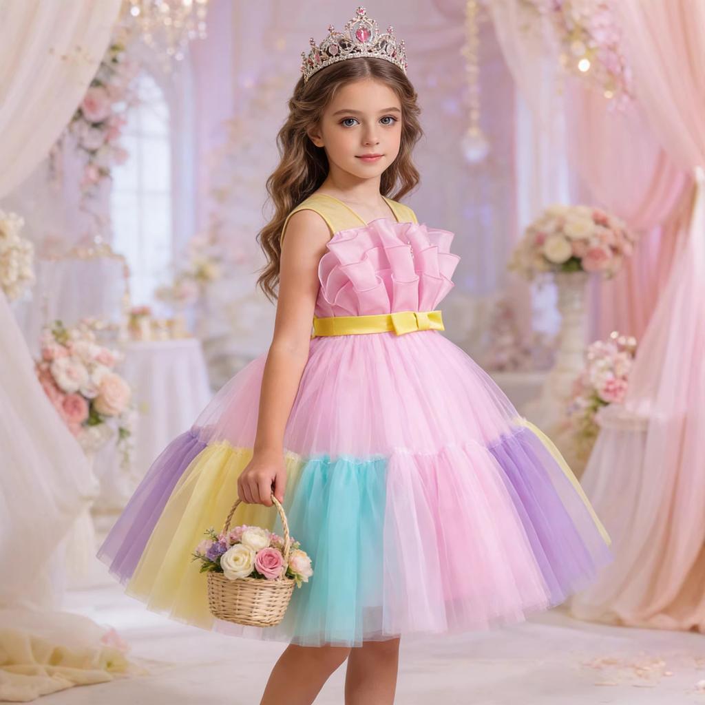 Girls Colorful Patchwork Princess Dress Sleeveless Color Block Bow Tie Dress Runway Piano Performance Party Dress