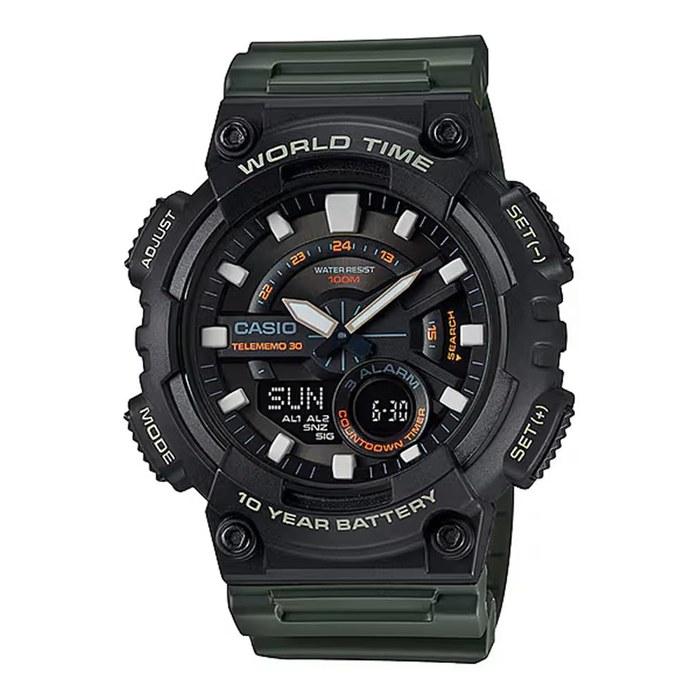 Casio World Time Analog-Digital Quartz Watch AEQ-110W-3AV Men s Black Inverted LCD Military Green (Imported) AEQ-110W-3AV
