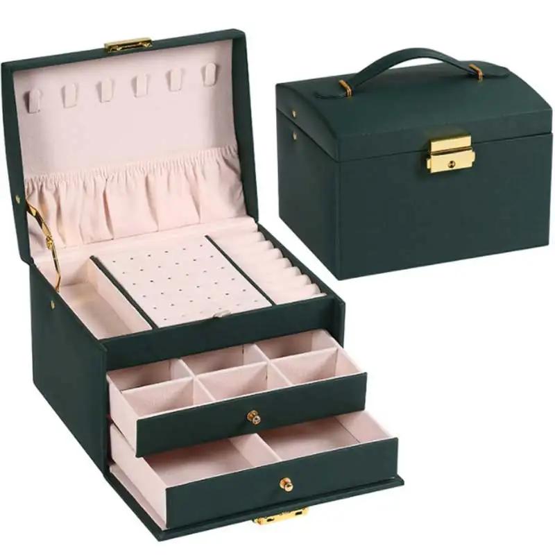 PU Leather 3 Drawer Jewellery Box - Handheld Display Storage with Security Key Lock, Perfect for Earrings Rings Necklaces