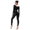 Womens Sparkle Rhinestone Dance Gymnastics Leotard Mock Neck Long Sleeve Long Pants Jumpsuit