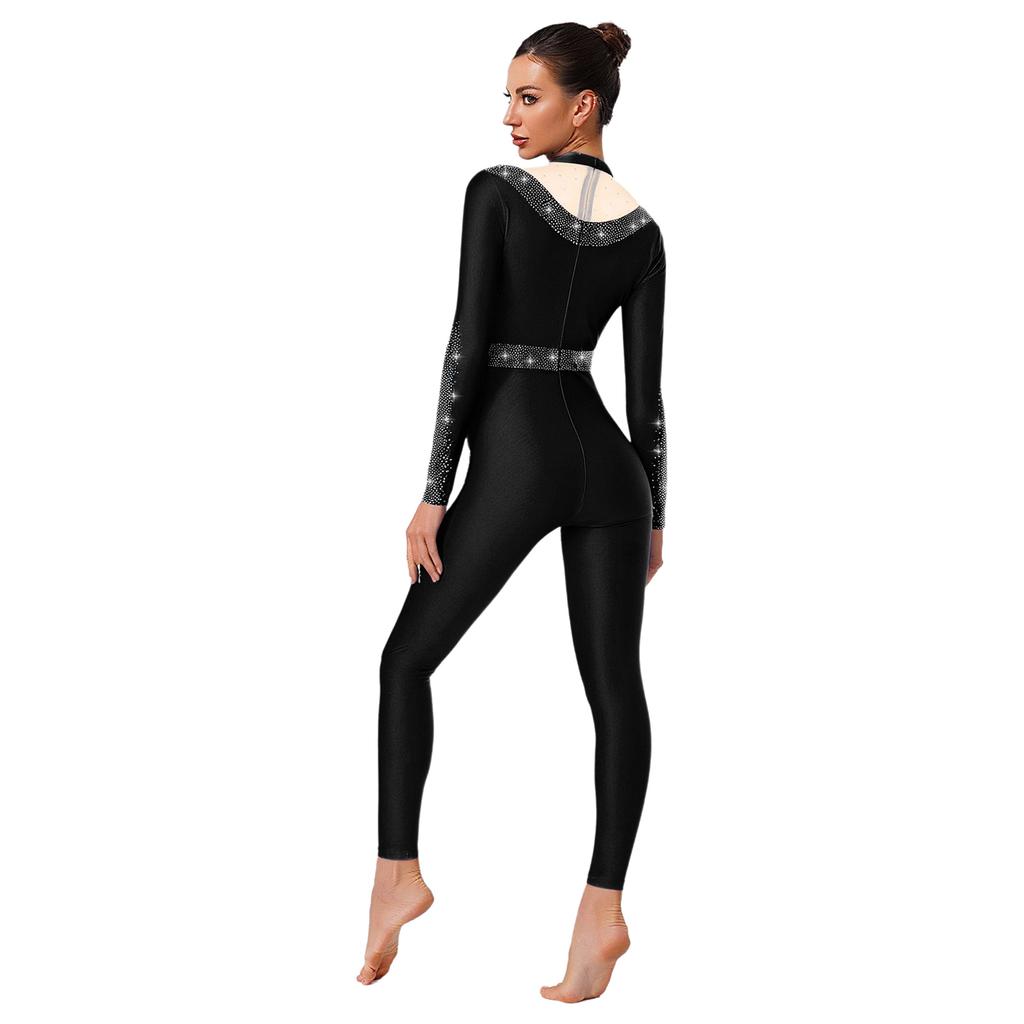 Womens Sparkle Rhinestone Dance Gymnastics Leotard Mock Neck Long Sleeve Long Pants Jumpsuit