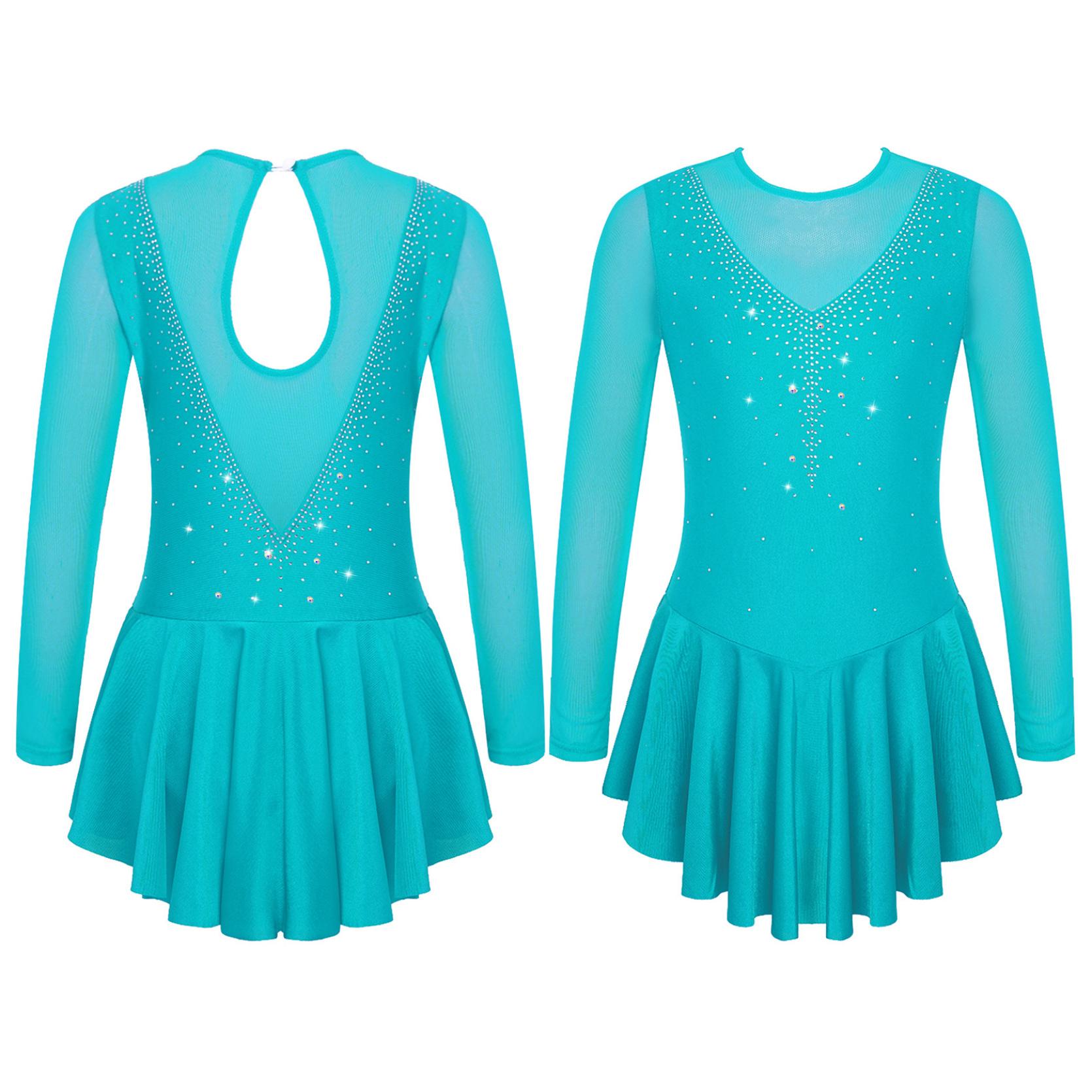 IEFiEL Kinderen Meisjes Lange Mouw Glanzende Strass Mesh Splice Kunstschaatsen Ballet Dans Gymnastiek Turnpakje Jurk Competitie Danskleding 7-8 Years