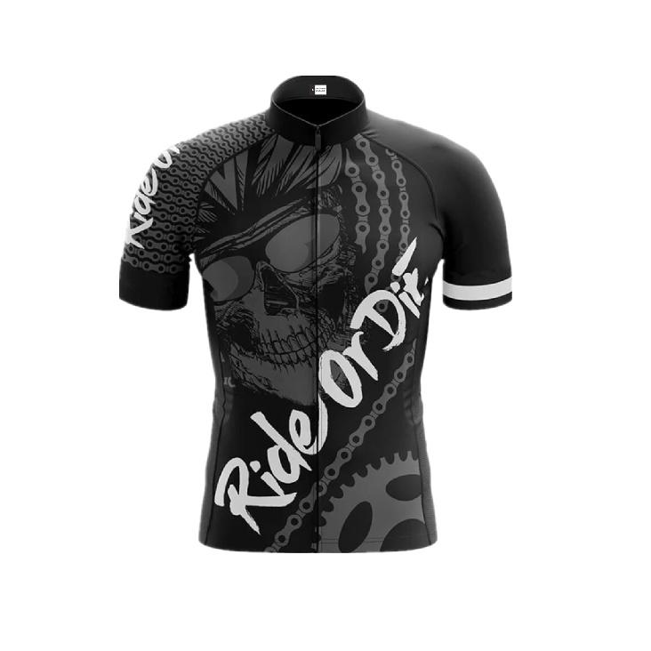 Breathable Polyester Cycling Jersey for Men - "RIDE OR DIE" Skull & Gear Design, Short Sleeve, Zip-Up, Stand Collar with Pocket Cycling Accessories