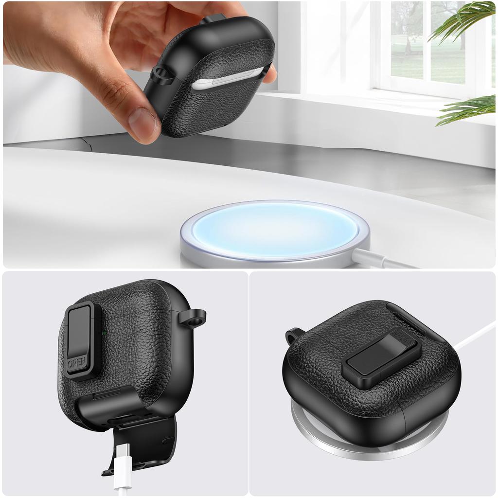 Für AirPods 4 Schutzhülle mit Ständer Leder mit Litschi-Textur TPU + PC Kopfhörerhülle mit Verschluss und Karabiner