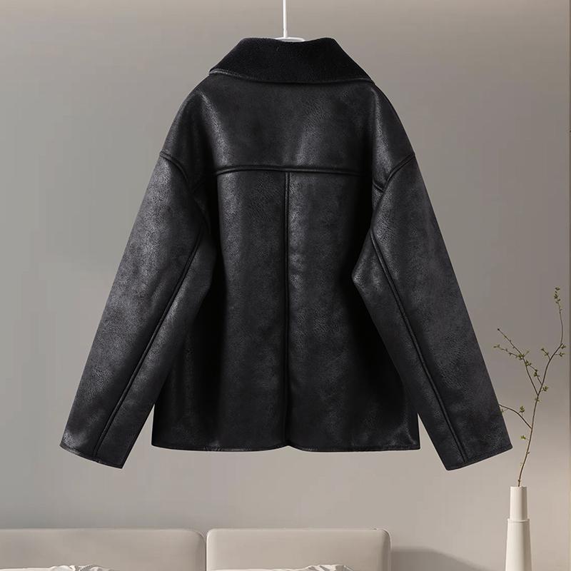Vintage Casual Damska Skórzana Kurtka Dwustronna Jednorzędowa Luźna Kieszenie Płaszcze Moda Jesień Zima Odzież Wierzchnia