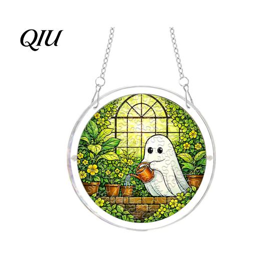 Unique Sun Catcher Gift Halloween Scary Bat Pumpkin Acrylic Jigsaw Puzzle Suncatcher, Stained Glass Style Rainbow Shadow Decor Window