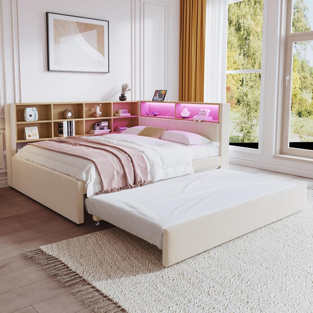 Schlafsofa 90 x 200 cm, mit Ausziehbett 90 x 190 cm, Schlafcouch Ausziehbar mit LED Leuchten und Ablagefächern, Flanell, Beige (Ohne Matratze)