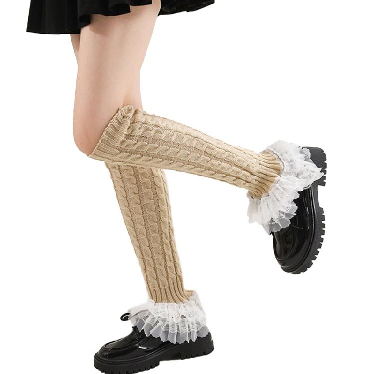 Aesthetic Fashion Cable Knit Stretch Leg Warmer Fairycore Boot Covers Sweet Tiered Ruffled Lace Trim Leg Sleeve Socks