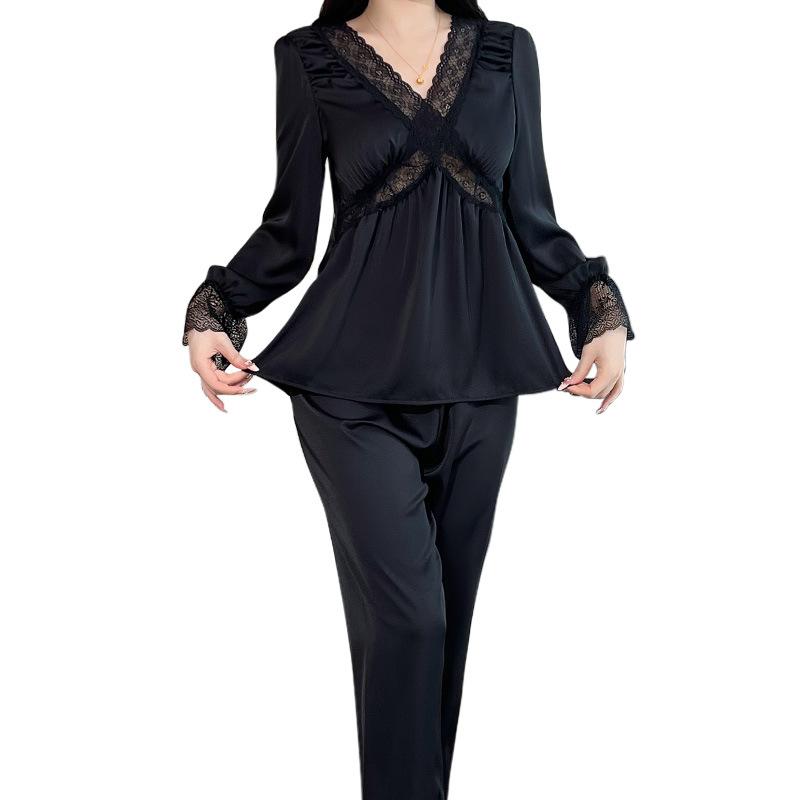 Beautiful sheer light luxury pajamas, autumn new long-sleeve sexy ice silk pajamas, thin pure desire lace loungewear for women