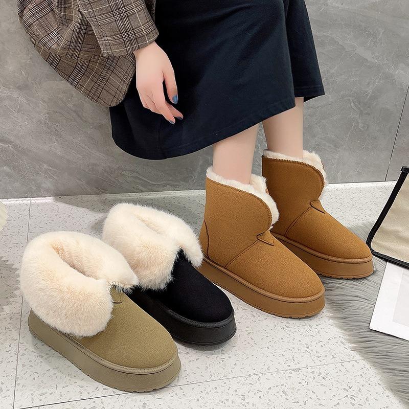 Thick-soled Snow Boots Women's Short Tube Autumn and Winter New Matte Two Wear Thickened Velvet Warm One Pedal Women's Cotton Shoes