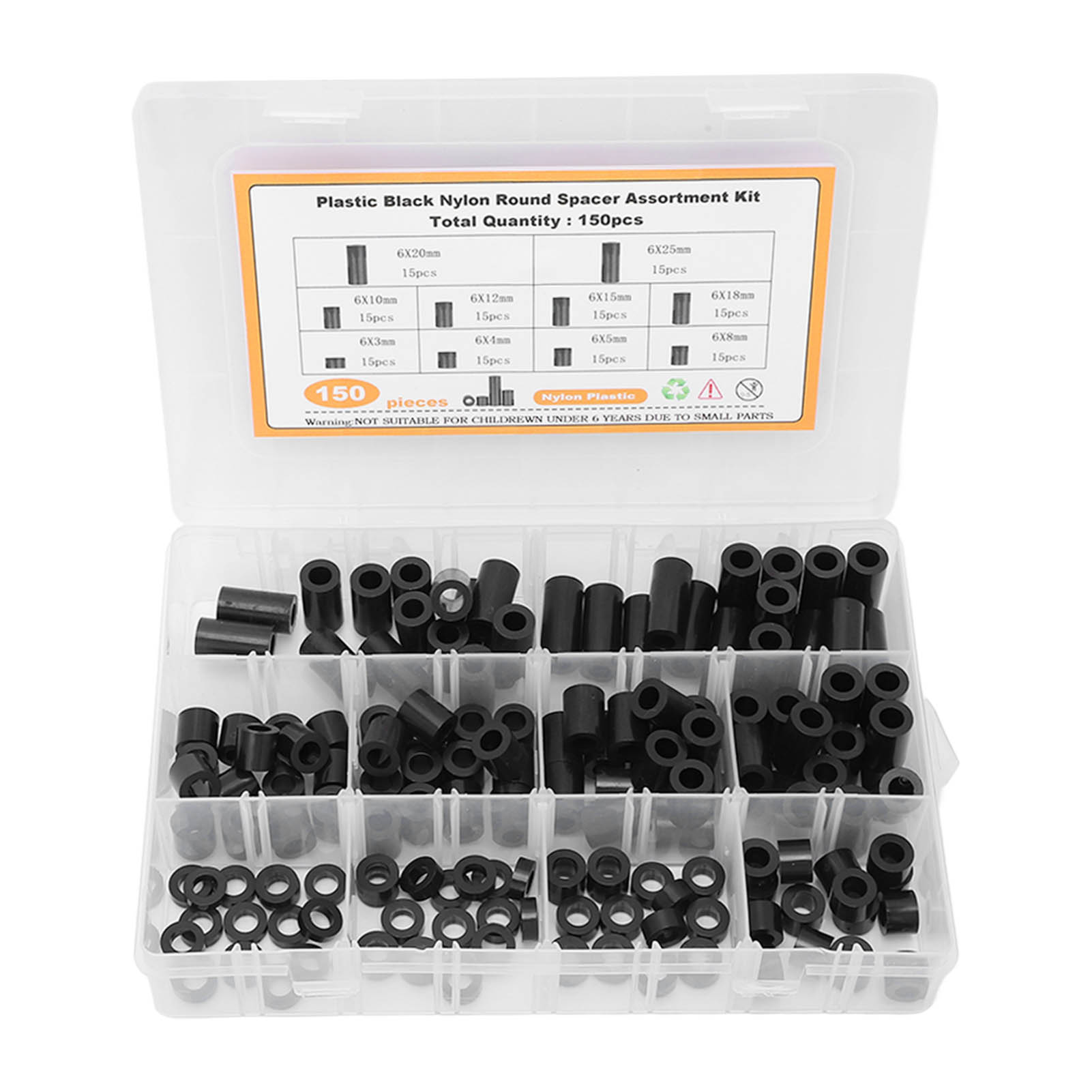 

150Pcs Nylon Spacers Assortment Round Plastic for Screws Hardware Standoff Kit Black