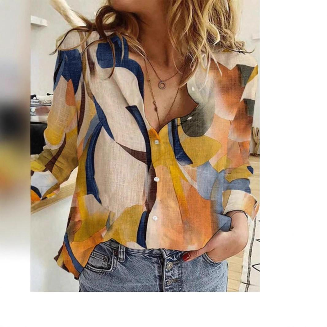 

2025 Spring Women s High-Quality Long-Sleeve Printed Button-Down Shirt S жовтий/імбирний