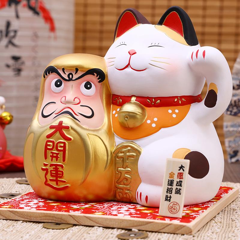 7.8 Inch Hand-painting Maneki Neko Ceramic Golden Daruma Lucky Cat Collective Fortune Cat Ornament With Wooden Board