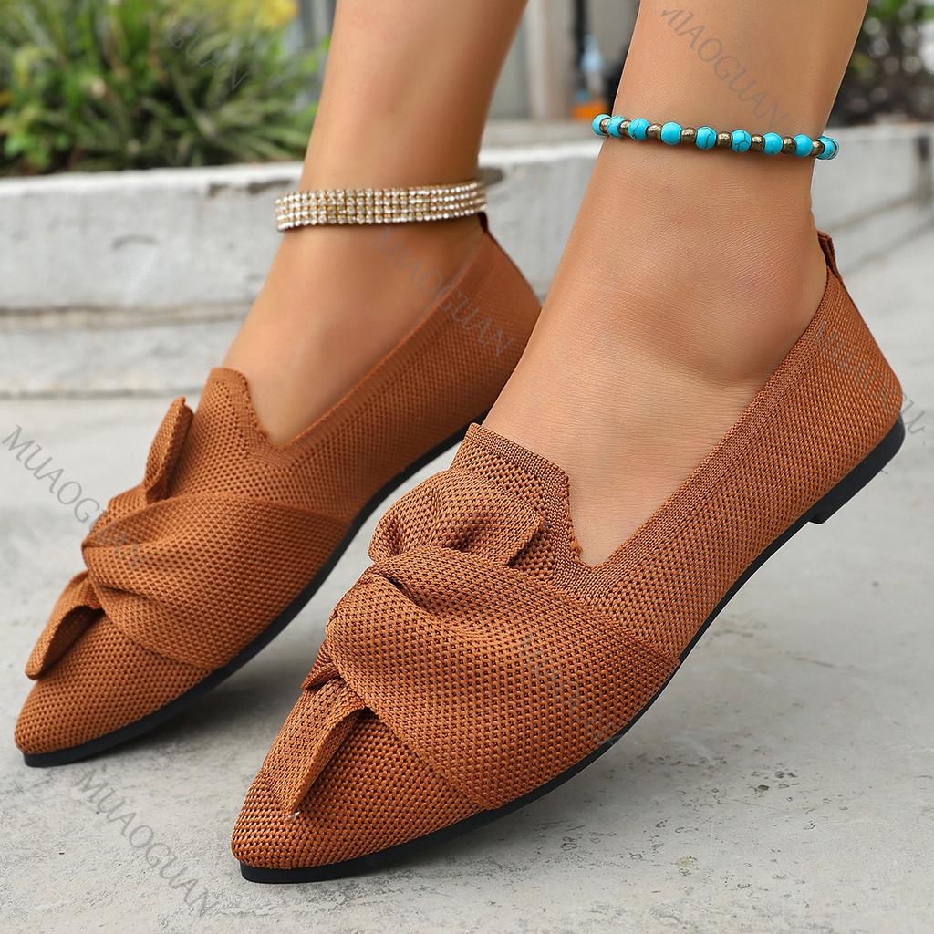 Fashion 2025 Spring and Autumn Pointed Head Flat Single Shoes 2025 New Large Size Knitted Slip Breathable Solid Color Shoes Casual Flats