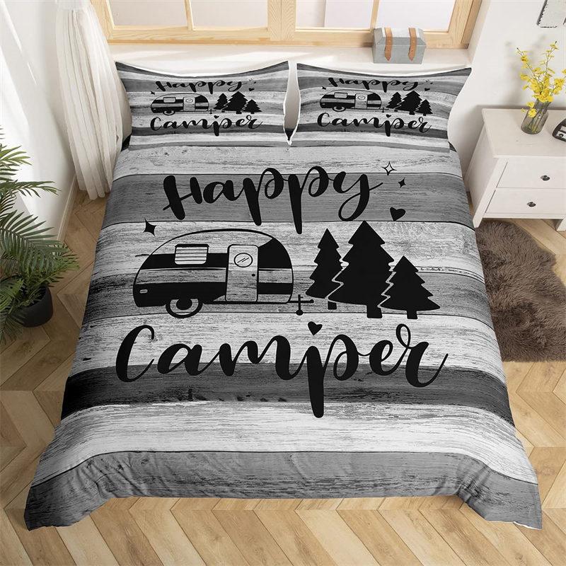 Happy Camping Dekbedovertrek Queen Cartoon Caravan Camping Beddengoedset Boerderij Stijl 3D Camper Dekbedovertrek Met Kussenslopen