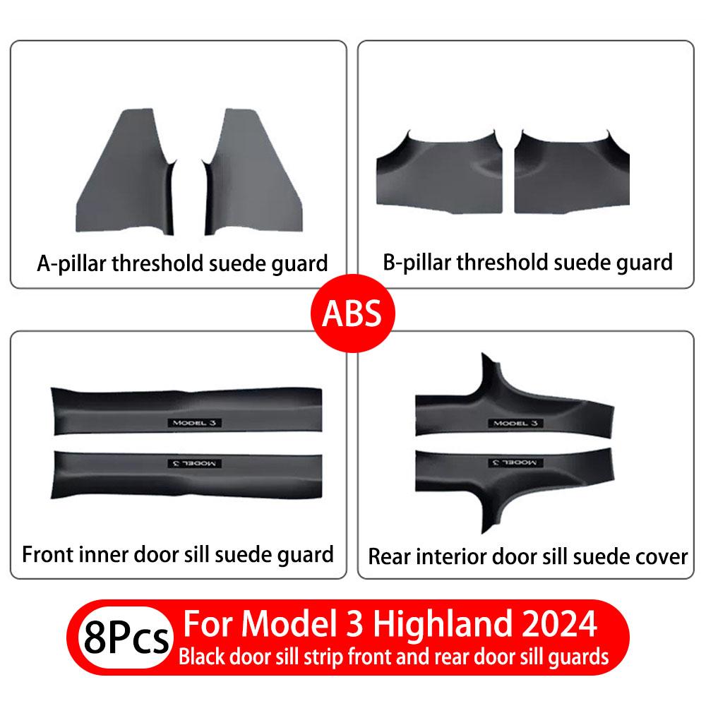 2 4 8Pcs ForTesla Model3/Y Highland 24-25ABS Front Rear Door Sill Protector Threshold Strip Anti-kick Guard Panel Waterproof Pad