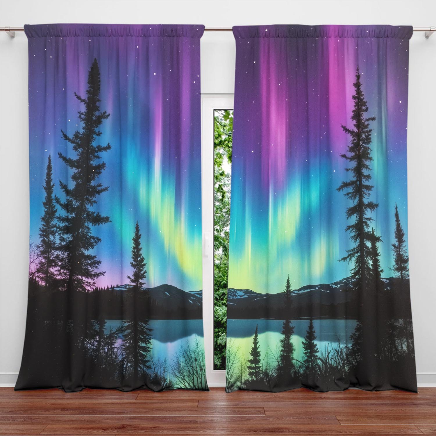 

Artistic Panels Northern Lights Sky Semi Curtain Half Suitable Home Decorative Curtains Blackout Made Of Polyester W100*H70(CM)-Grommet top&2PCS