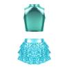 Girls Performance Set Metallic Sleeveless Mock Neck Crop Top Shiny Sequins Tiered Ruffle Skirted Shorts