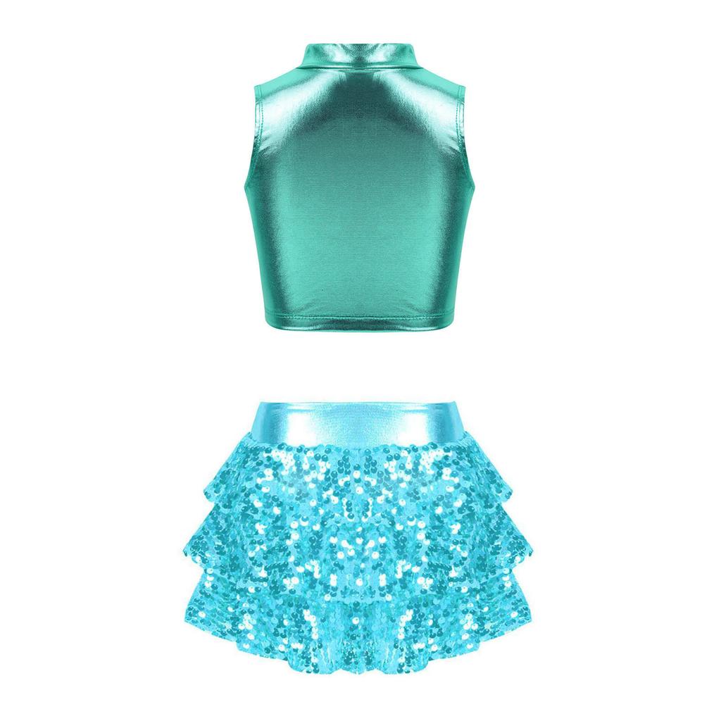 Girls Performance Set Metallic Sleeveless Mock Neck Crop Top Shiny Sequins Tiered Ruffle Skirted Shorts