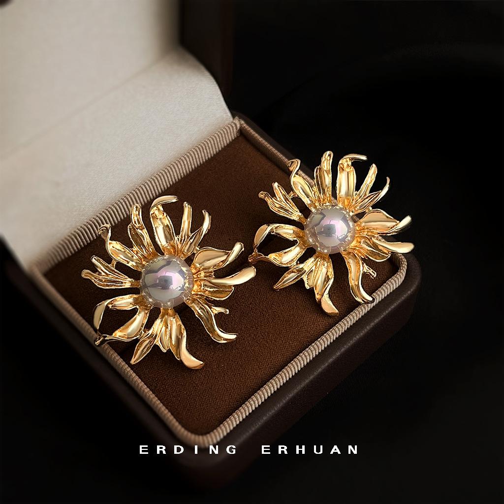 Sunflower Earrings 925 Silver Needle Plated 14K New Earrings