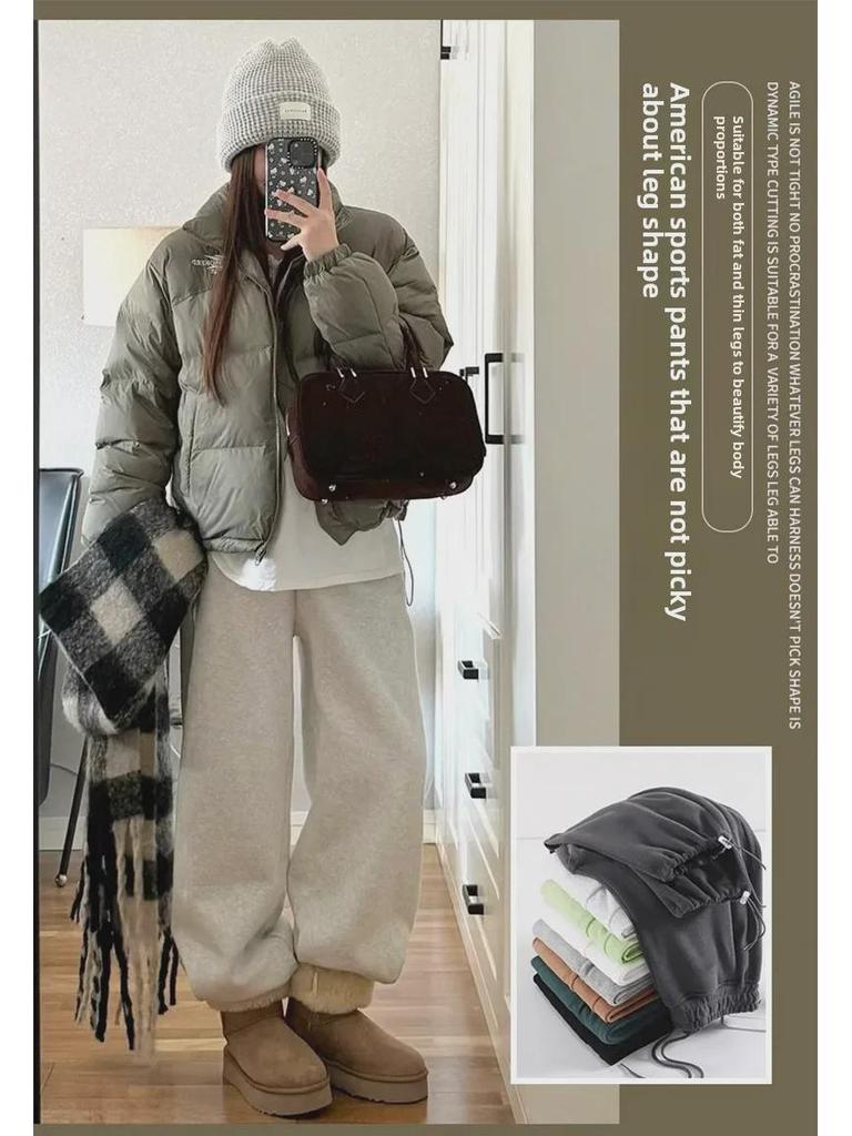 Damen Graue Lammleder Jogginghose - Herbst/Winter 2025 Neu Locker Lässig Weitbein plus Verdickte Knöchelhose.