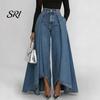 Simple Design Women Trousers Pants High Waist Buttons Zipper Closure Denim with Everyday Pockets Irregular Large Hem Wide Leg Solid Color Casual Loose