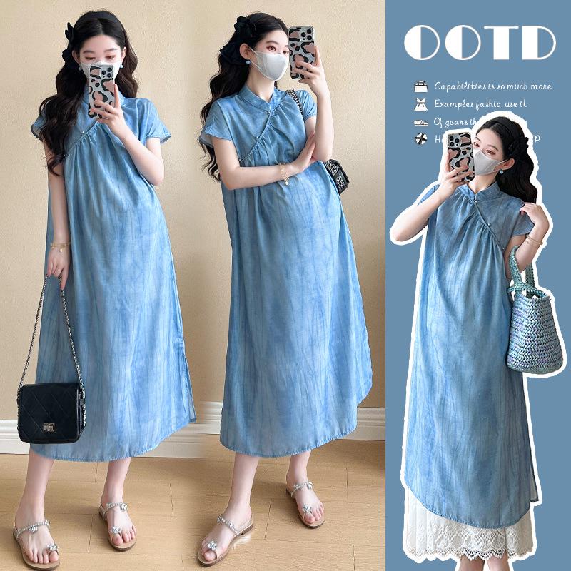 2026 Summer Retro Midi Maternity Layered Dress Set XL