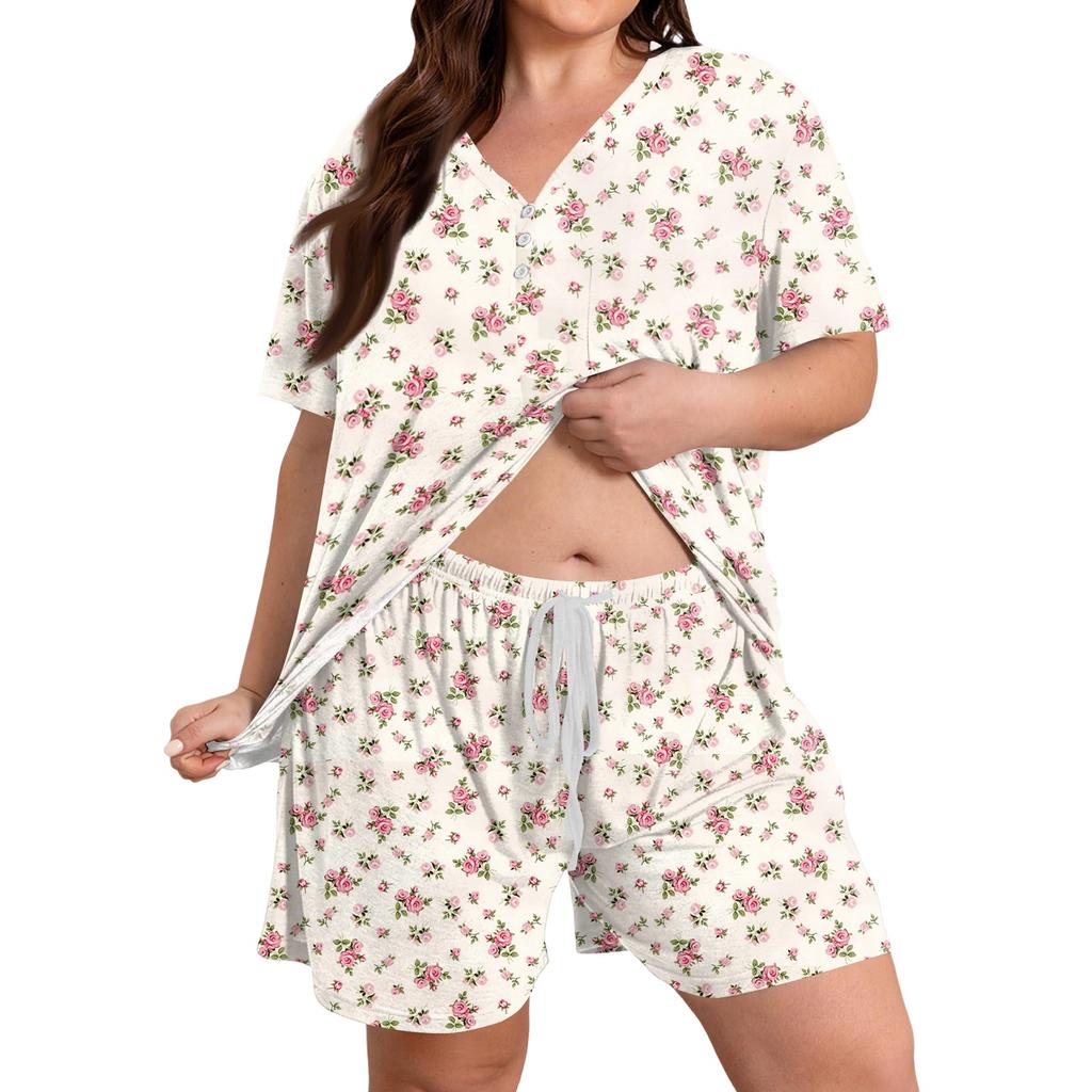Women Casual Two Piece Set Short Sleeve V Neck Loose Fit Top with Elastic Waist Shorts Plus Size Printed Loungewear Sleepwear Set
