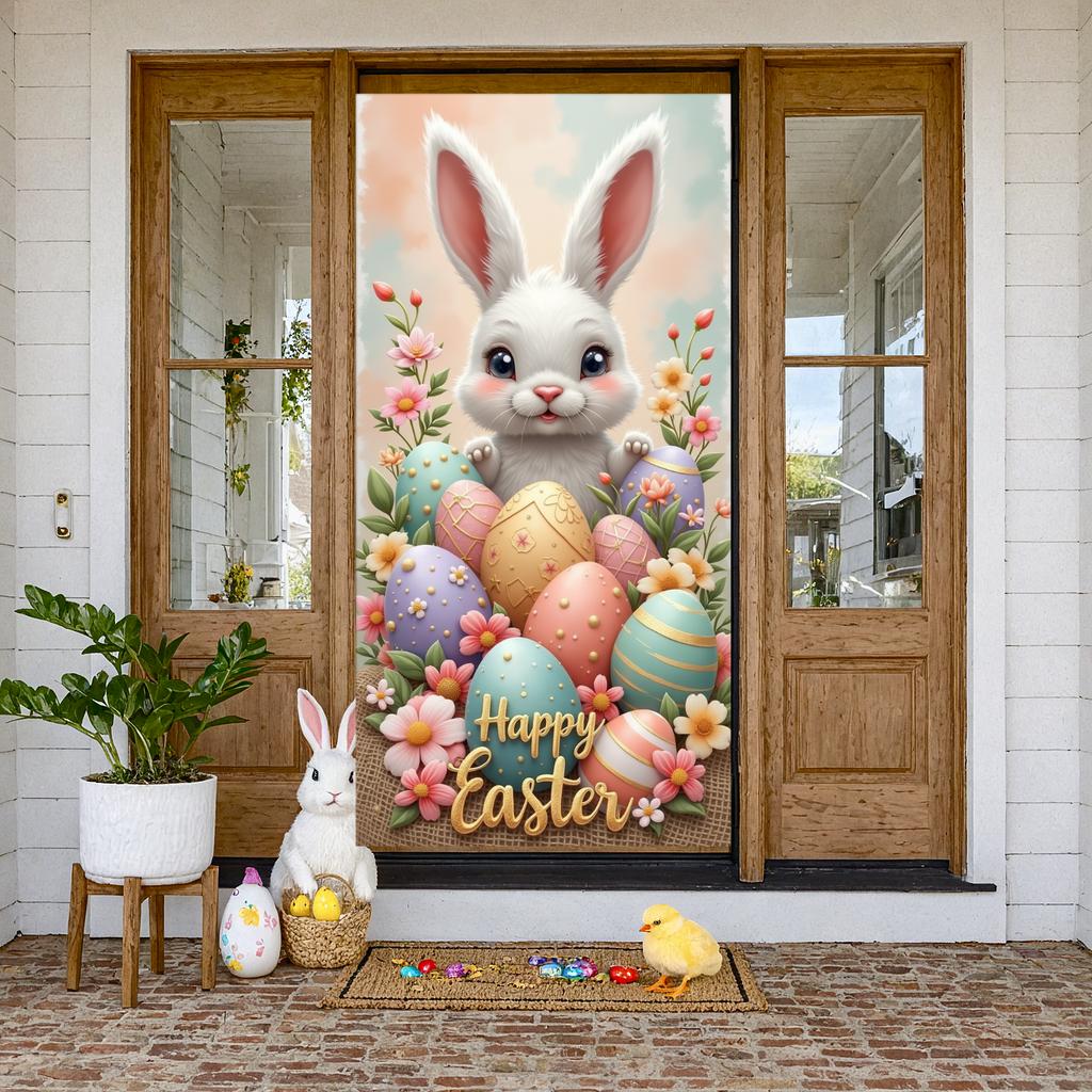 Easter Celebration Banner White Bunny Happy Easter Banner Floral Easter Backdrop Egg Patterns Spring Floral Background For Kids