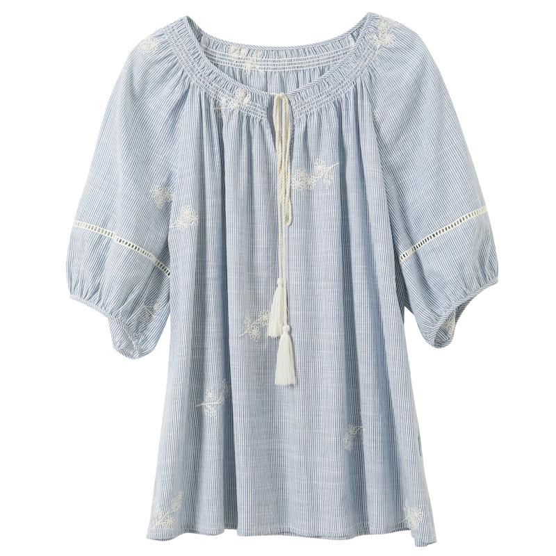 Women s Striped Embroidered V-Neck Pullover Blouse S