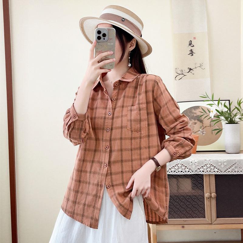 Japanese double-layer cotton yarn pure cotton plaid shirt women's retro literary and artistic style new spring and autumn loose casual shirt top