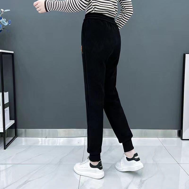 Women's Thickened Corduroy High-waisted Active Pants Autumn Winter Casual Pull-string Elastic Waist Straight-leg Trousers