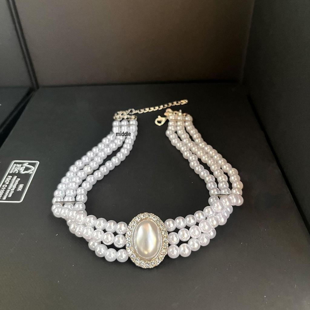 Women's Multi-Layer Pearl & Diamond Oval Necklace: Retro Hepburn Style, Light Luxury, Perfect for Sweaters and Dressy Outfits.