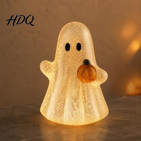 Halloween Night Light Cracked Ghost Figurine Light, Table Centerpiece, LED Light-up Spooky Bedroom Holding Pumpkin Ornament for Home Mantel Decorative