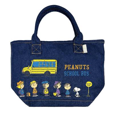 Snoopy Embroidery Small Horizontal Tote Bag IP Deli Denim Peanuts Deli 02 School Bus [Rootote] Women's