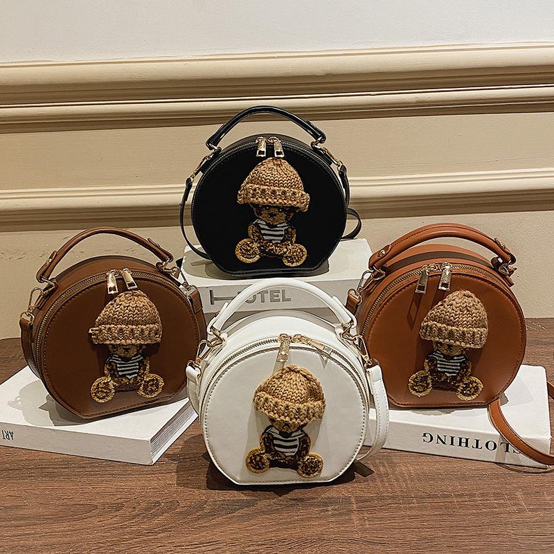 Cartoon small bag 2025 European and American fashion splicing bear cute handbag ins shoulder Internet celebrity small round bag women