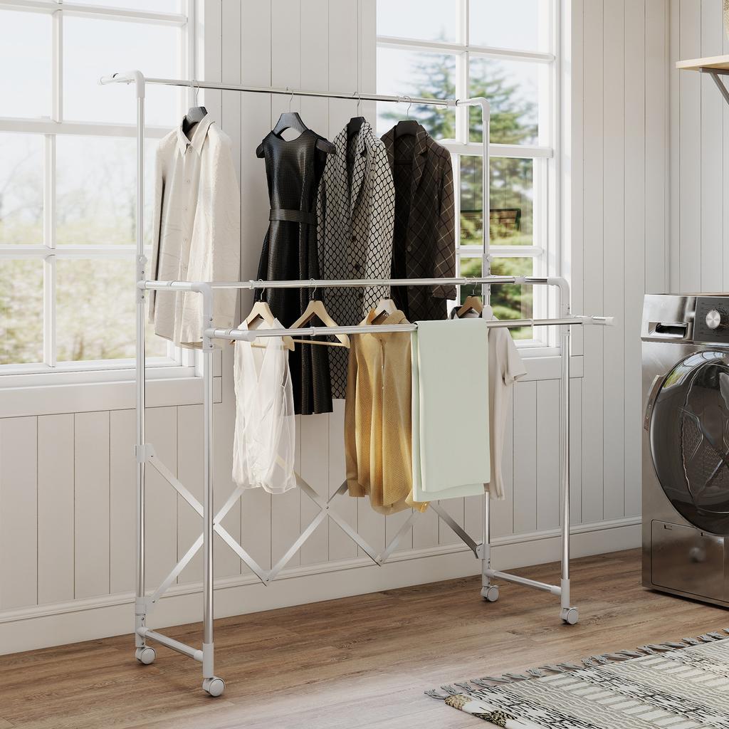 Clothes Drying Rack, Foldable Standing Dryer with 3 Adjustable Rails, Stainless Steel Tower Drying Rack on Wheels, for Indoor and Outdoor