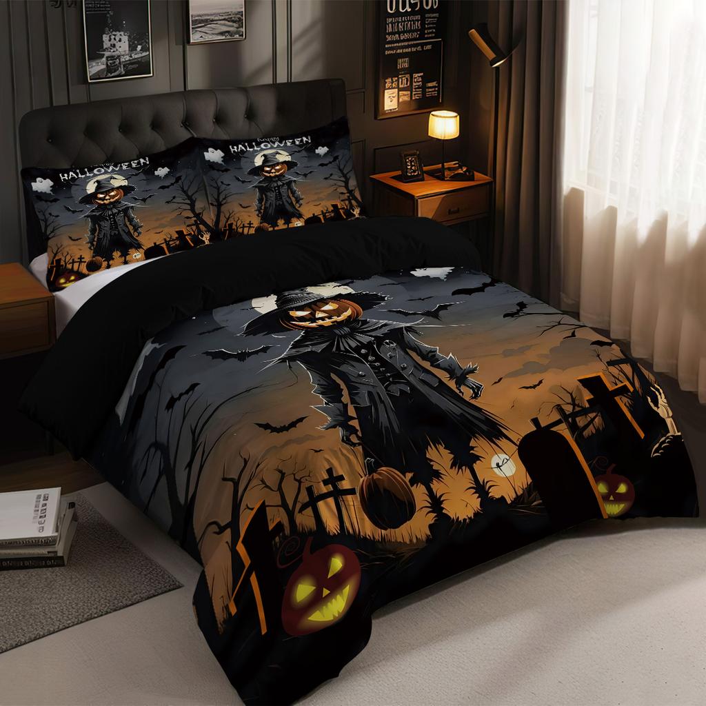 3PC Halloween Horror Pumpkin Printed Bedding Set Coreless Soft, Comfortable, Bedroom Dormitory, Multiple Sizes, Machine Washable